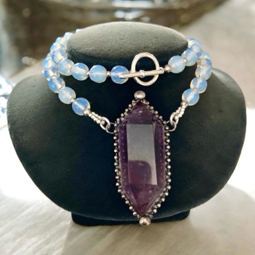 Amethyst , Herkimer diamonds crystal quartz & blue opalite beads boho necklace